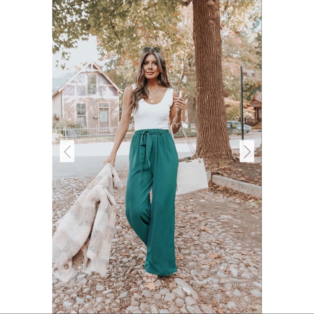 Tie waist green wide leg pants